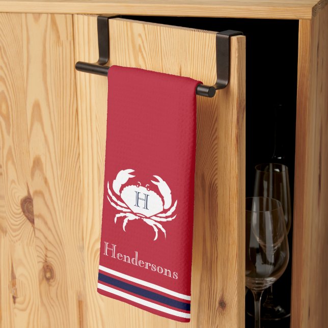 Monogrammed Red White Crab Nautical Kitchen Towel Kökshandduk (Thirds Fold)