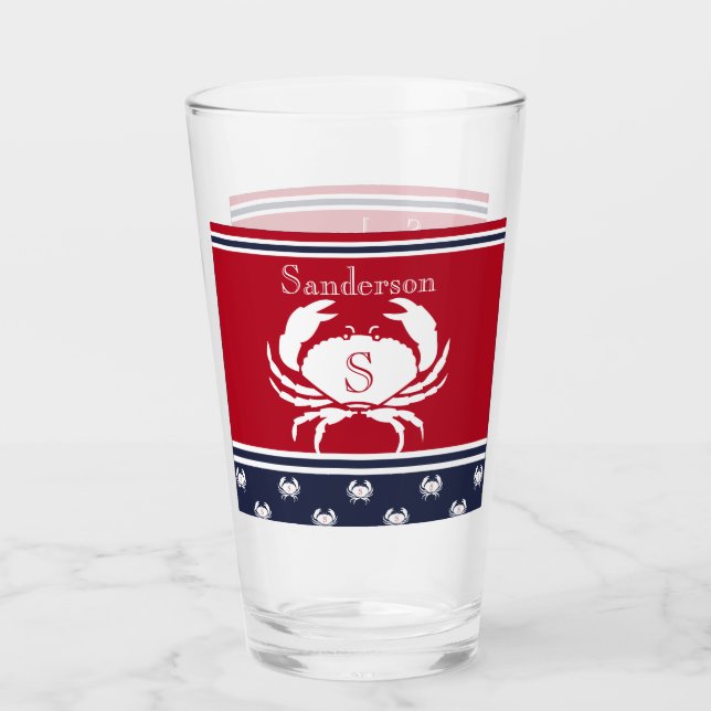 Monogrammed Red White Navy Blue Crab Glaskopp (Framsida)