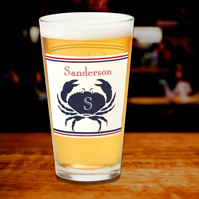 Monogrammed Red White Navy Blue Crab Nautical Glas (Skapare uppladdad)