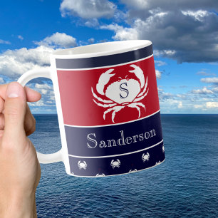 Monogrammed Red White Navy Blue Crab Nautical Kaffemugg