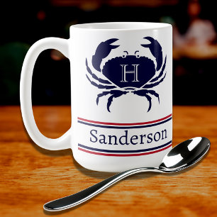 Monogrammed Red White Navy Blue Crab Nautical Kaffemugg