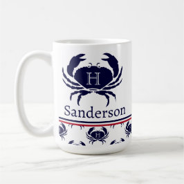 Monogrammed Red White Navy Blue Crab Nautical Kaffemugg