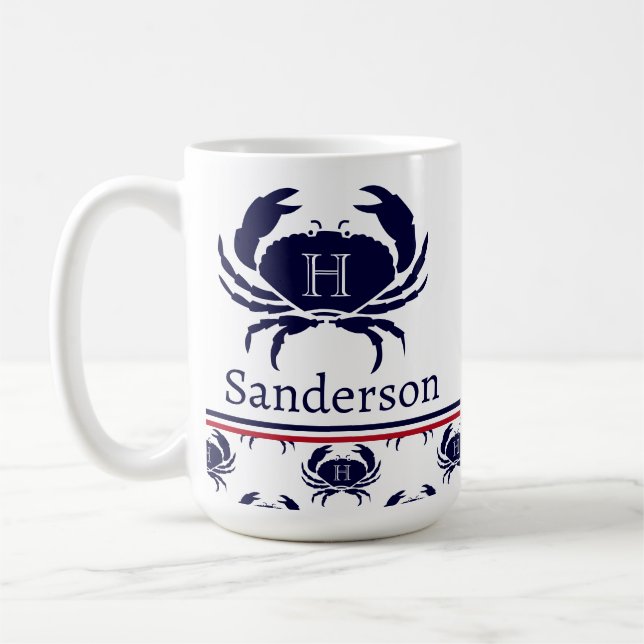 Monogrammed Red White Navy Blue Crab Nautical Kaffemugg (Vänster)