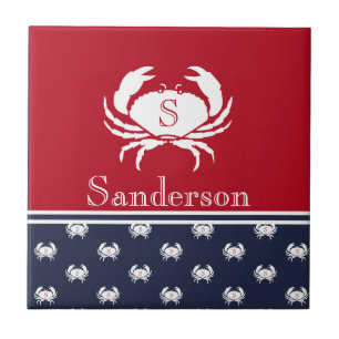 Monogrammed Red White Navy Blue Crab Nautical Kakelplatta