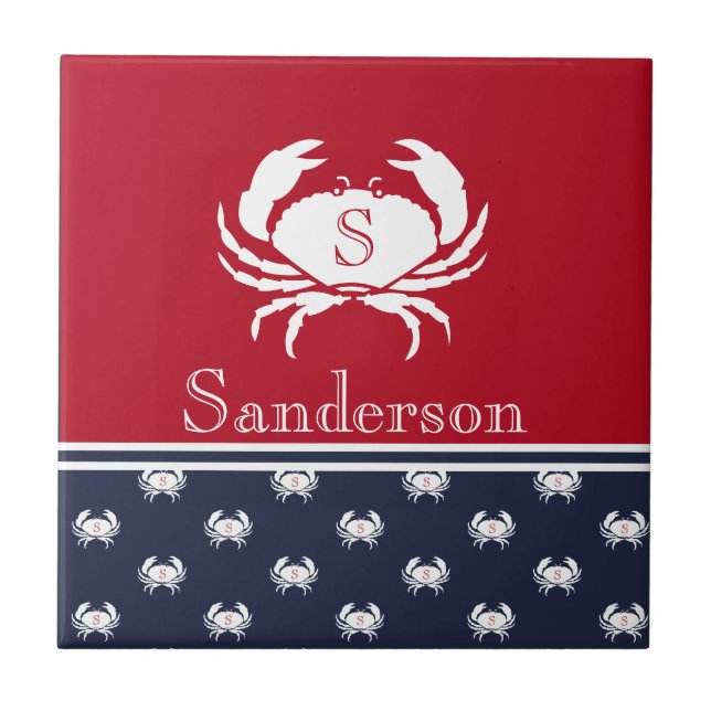Monogrammed Red White Navy Blue Crab Nautical Kakelplatta (Framsidan)