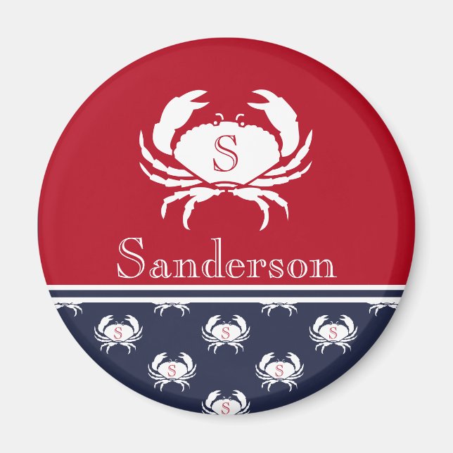 Monogrammed Red White Navy Blue Crab Nautical Magnet (Framsidan)