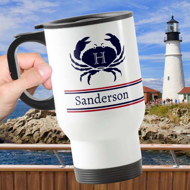 Monogrammed Red White Navy Blue Crab Nautical Resemugg (Skapare uppladdad)