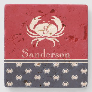Monogrammed Red White Navy Blue Crab Nautical Squ Stenunderlägg