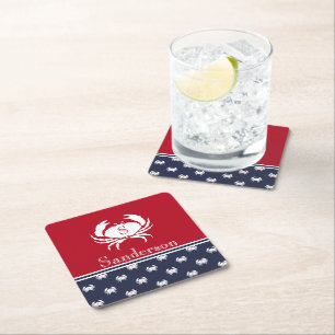 Monogrammed Red White Navy Blue Crab Nautical Underlägg Papper Kvadrat