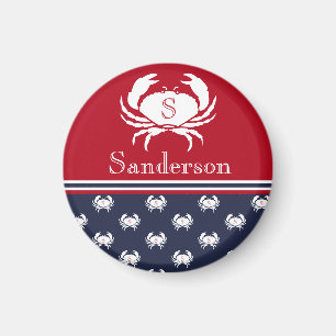 Monogrammed Red White Navy Blue Crab    NauticalMa Magnet