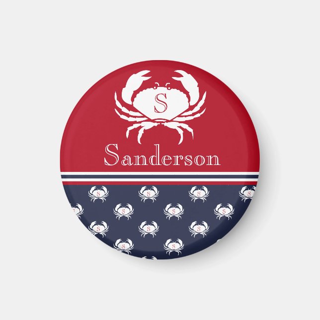 Monogrammed Red White Navy Blue Crab    NauticalMa Magnet (Framsidan)