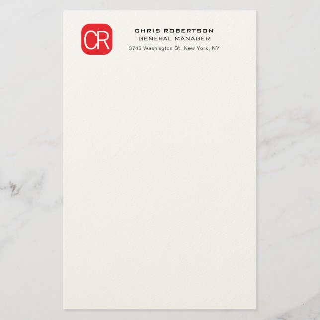 Monogrammed Red White Professional Plain Brevpapper (Framsida)