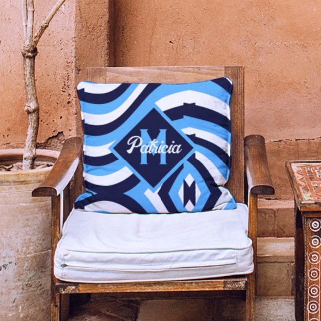 Monogrammed retro 70-talets marinblå Teal psychede Kudde (Skapare uppladdad)