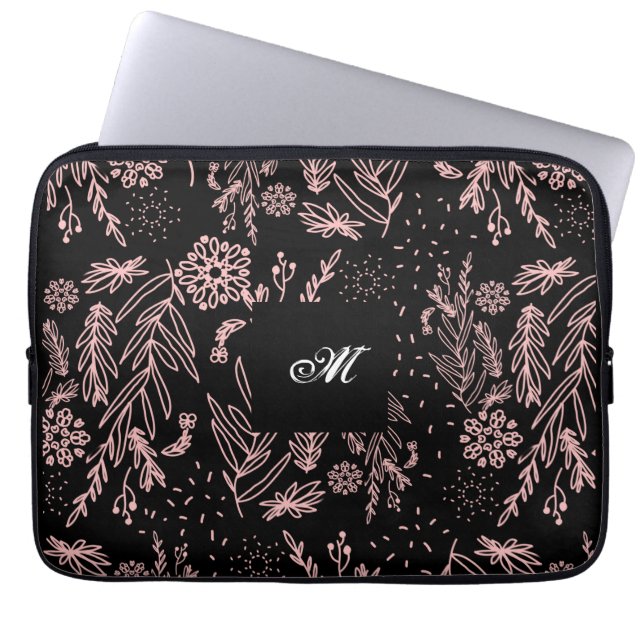 Monogrammed Ro Guld Black Botanical Mönster Laptop Fodral (Framsidan)