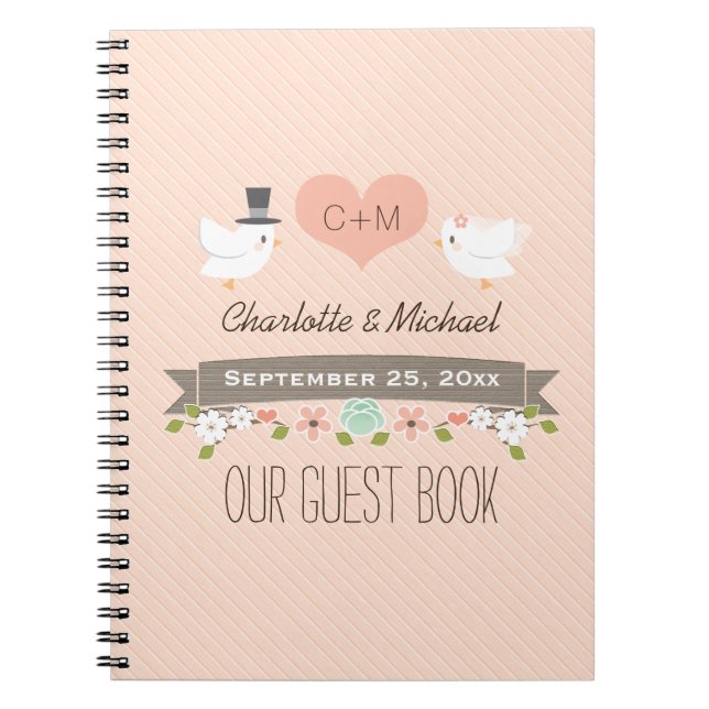 Monogrammed rodna love birds som gifta sig anteckningsbok med spiral (Framsidan)