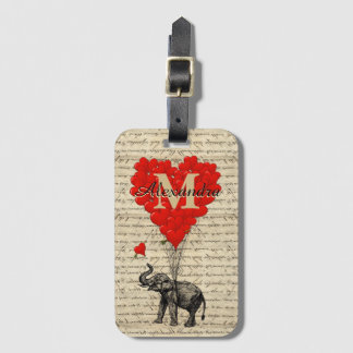 Monogrammed romantic elephant and heart bagagebricka