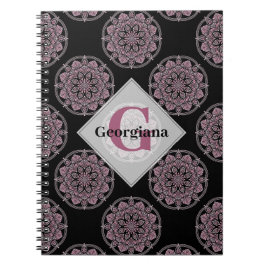 Monogrammed Rosa Blommigt Fronds Polka Dot Mandala Anteckningsbok