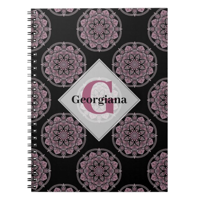 Monogrammed Rosa Blommigt Fronds Polka Dot Mandala Anteckningsbok (Framsidan)