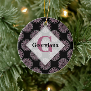 Monogrammed Rosa Blommigt Fronds Polka Dot Mandala Julgransprydnad Keramik