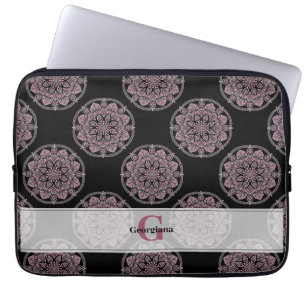 Monogrammed Rosa Blommigt Fronds Polka Dot Mandala Laptop Fodral