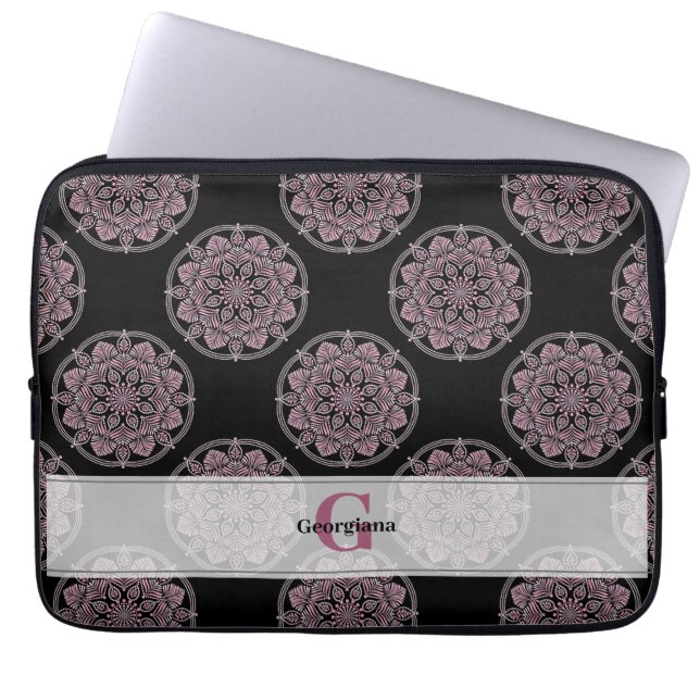 Monogrammed Rosa Blommigt Fronds Polka Dot Mandala Laptop Fodral (Framsidan)