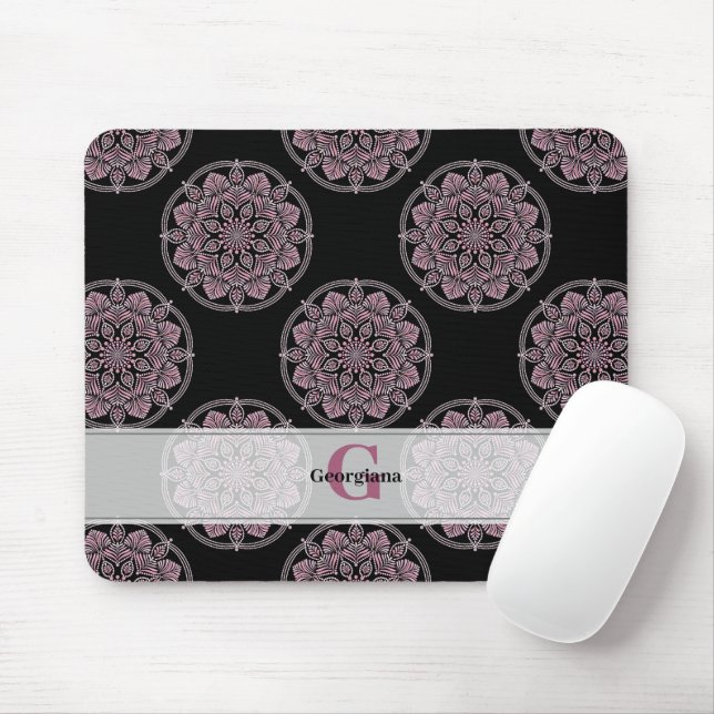 Monogrammed Rosa Blommigt Fronds Polka Dot Mandala Musmatta (Med mus)