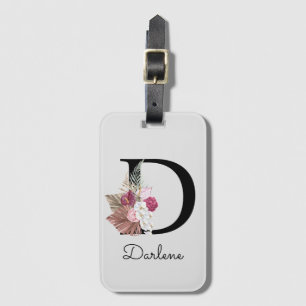 Monogrammed Rosa Boho Blommigt Initial D Bagagebricka