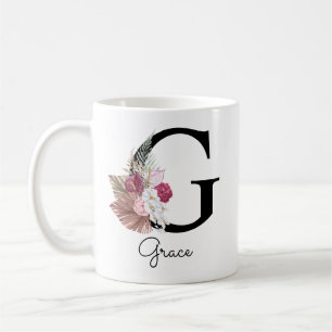 Monogrammed Rosa Boho Blommigt Initial G Kaffemugg