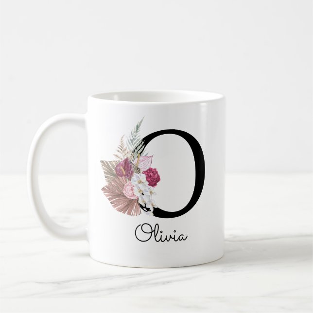 Monogrammed Rosa Boho Blommigt Initial O Kaffemugg (Vänster)