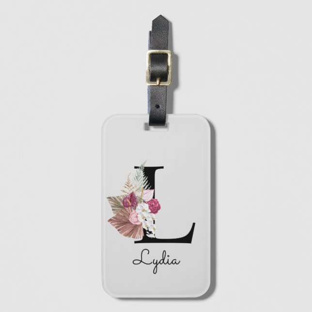 Monogrammed Rosa Boho Girly Blommigt Initial L Bagagebricka (Framsida vertikal)