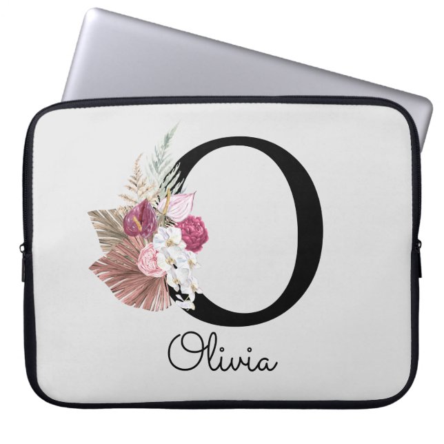 Monogrammed Rosa Boho Girly Blommigt Initial O Laptop Fodral (Framsidan)
