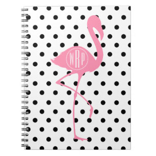 Monogrammed rosa Flamingo + Den svart polkaen Anteckningsbok Med Spiral