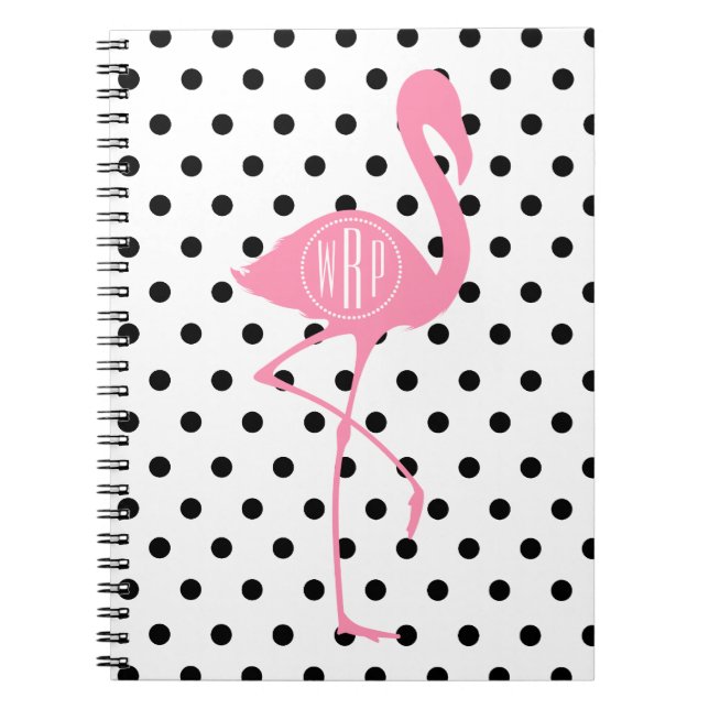 Monogrammed rosa Flamingo + Den svart polkaen Anteckningsbok Med Spiral (Framsidan)