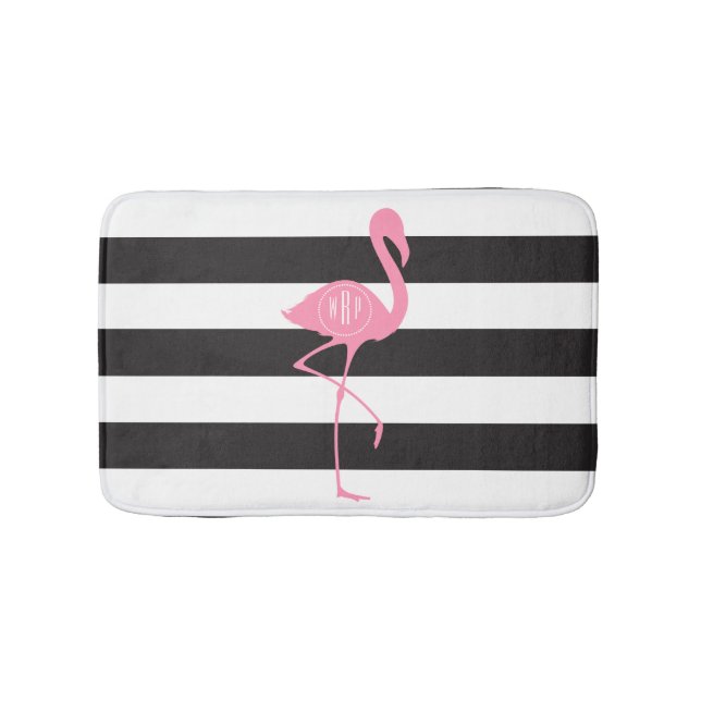 Monogrammed rosa Flamingo + Svart + Vitrandar Badrumsmatta (Framsidan)