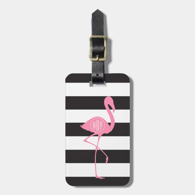 Monogrammed rosa Flamingo + Svart + Vitrandar Bagagebricka (Vertikal Framsida)