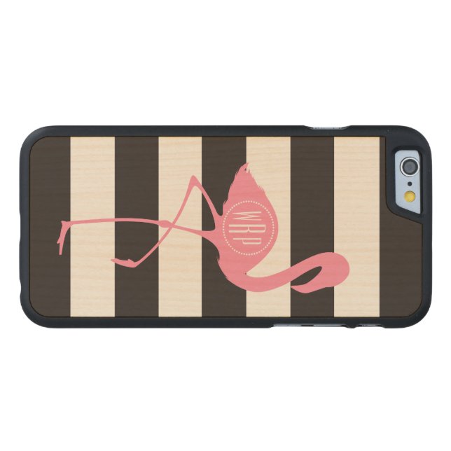 Monogrammed rosa Flamingo + Svart + Vitrandar Carved Wood iPhone Skal (Baksidan Horisontell)