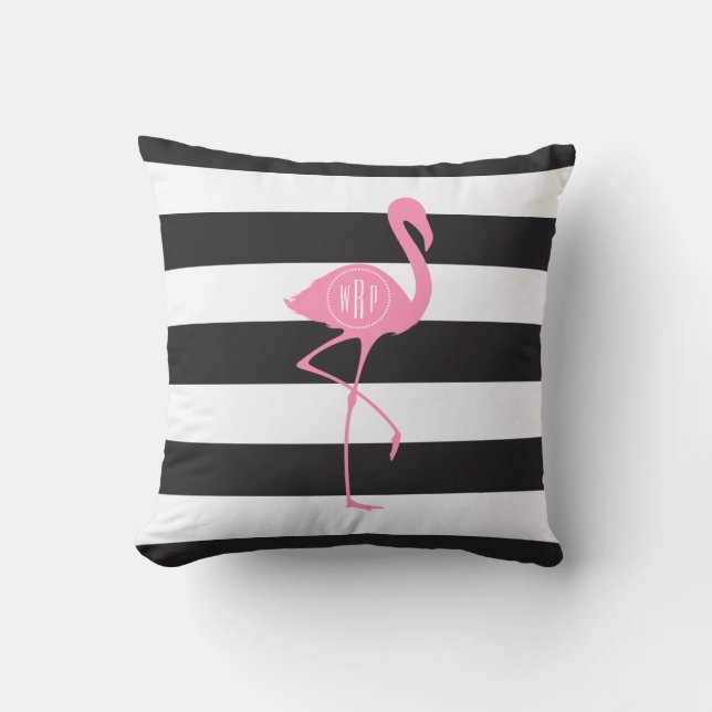 Monogrammed rosa Flamingo + Svart + Vitrandar Kudde (Framsida)