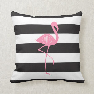 Monogrammed rosa Flamingo + Svart + Vitrandar Kudde