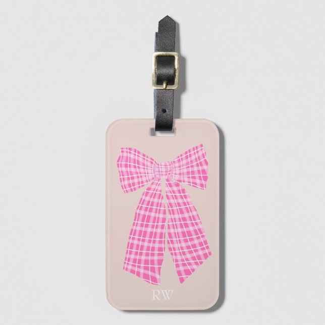 Monogrammed Rosa Gingham Romantic Coquette Bow Bagagebricka (Framsida vertikal)