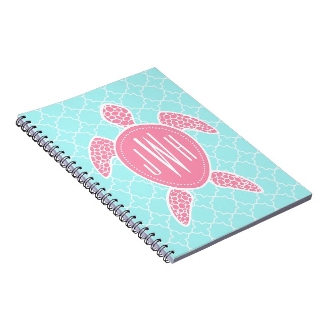 Monogrammed rosa havssköldpadda + Blått Quatrefoil Anteckningsbok (Högra Sidan)
