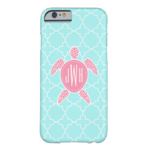 Monogrammed rosa havssköldpadda + Blått Quatrefoil Barely There iPhone 6 Fodral