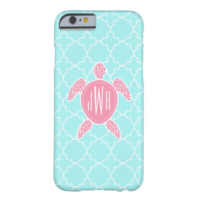 Monogrammed rosa havssköldpadda + Blått Quatrefoil Case-Mate iPhone Skal (Baksidan)