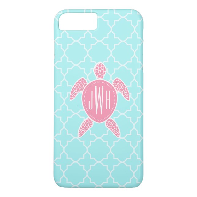 Monogrammed rosa havssköldpadda + Blått Quatrefoil Case-Mate iPhone Skal (Baksida)