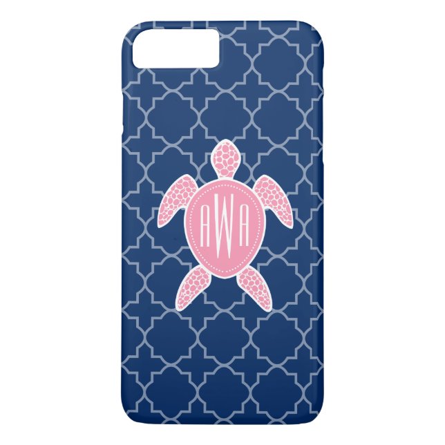 Monogrammed rosa havssköldpaddablått Quatrefoil Case-Mate iPhone Skal (Baksida)
