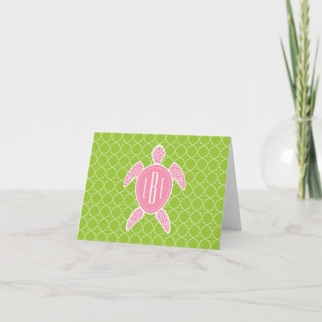 Monogrammed rosa havssköldpaddagrönt Quatrefoil Anteckningskort (Framsida)
