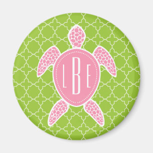 Monogrammed rosa havssköldpaddagrönt Quatrefoil Magnet