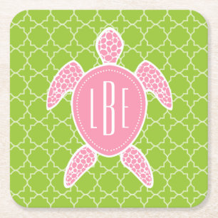 Monogrammed rosa havssköldpaddagrönt Quatrefoil Underlägg Papper Kvadrat