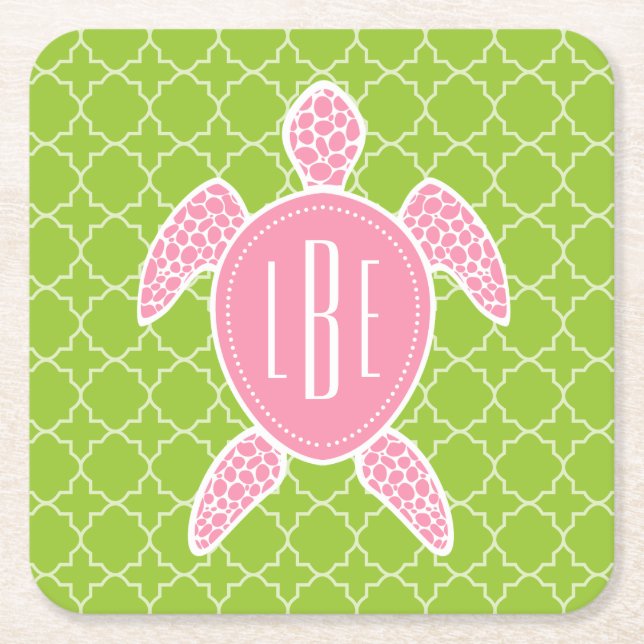 Monogrammed rosa havssköldpaddagrönt Quatrefoil Underlägg Papper Kvadrat (Framsidan)