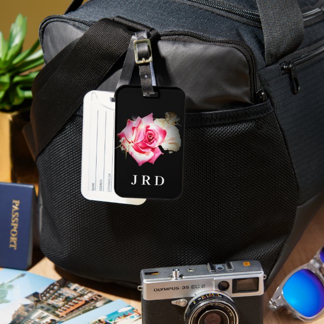 Monogrammed Rosa ros på Black Luggage Tag Bagagebricka (Framsida & Baksida)