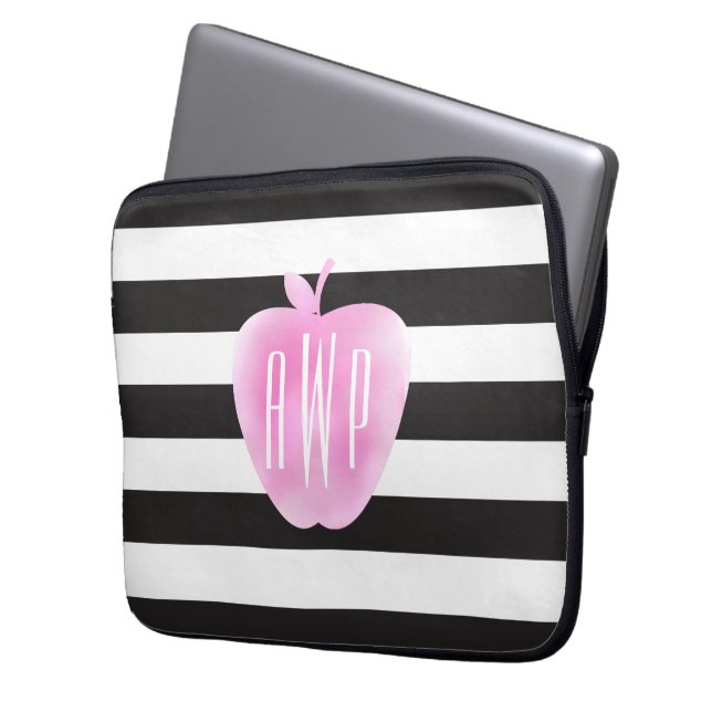 Monogrammed rosa vattenfärg Apple + Randar Laptop Sleeve (Framsidan Vänster)